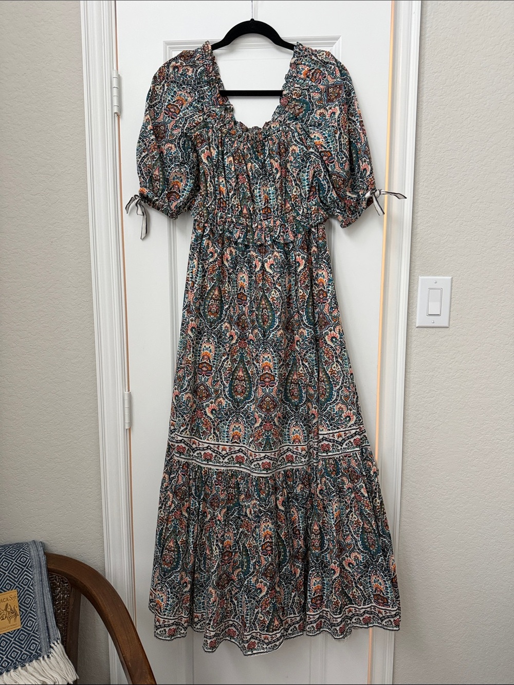 Cleobella Teal & Rust Paisley Maxi Dress with Puff Sleeves